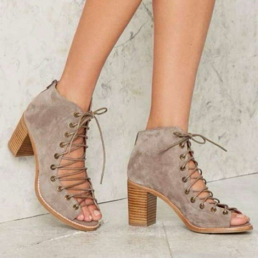 Jeffery Campbell Suede Cors Lace-Up Heeled Booties Size 7 Gray Open Toe